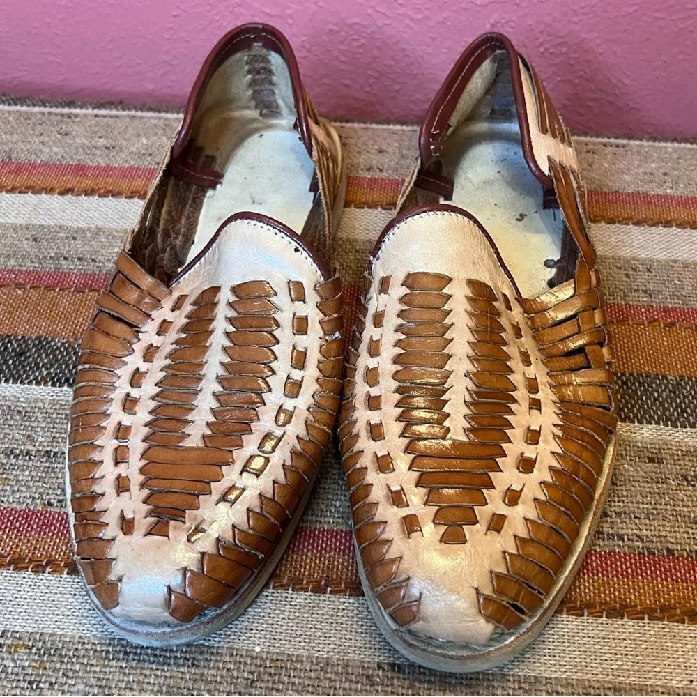 Men's Tan & Cream Woven Leather Slip-On Loafers